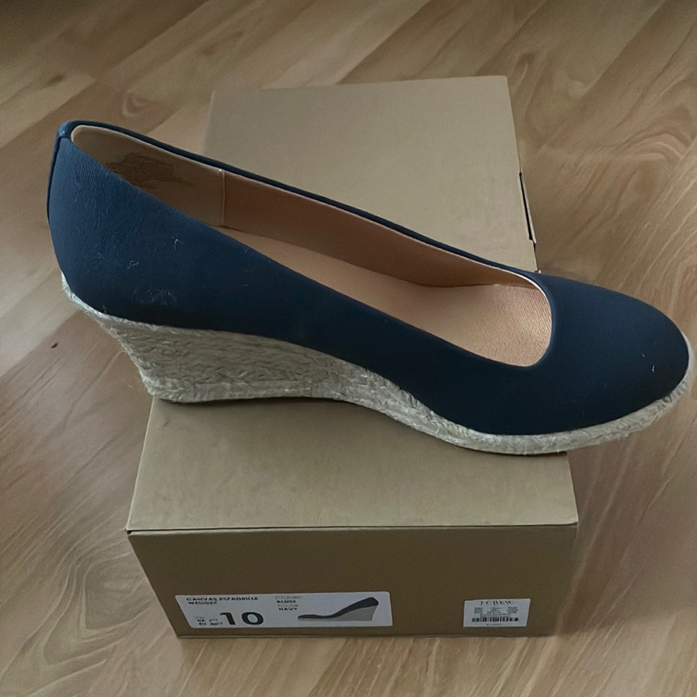 J Crew Navy Canvas Espadrille Wedges Size 10 Brand New in Box. Retail $118